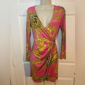 Ever Pink Gold Wrap Long Sleeve Mini Dress Size Small